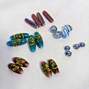 20 Glass Lampwork Beads Lot Mixed Swirls Blue White Red Wide Hole Used Vintage